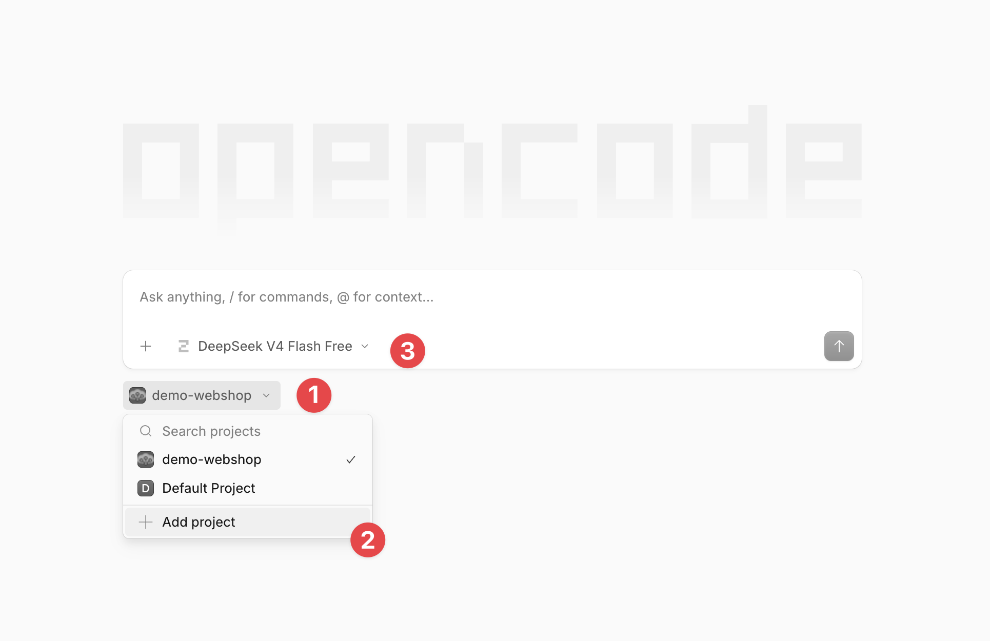 OpenCode Desktop showing the project dropdown, Add project option, and model selector